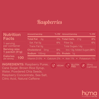 Huma Chia Energy Gel, Raspberries, 12 Gels, 1x Caffeine - Premier Sports Nutrition for Endurance Exercise