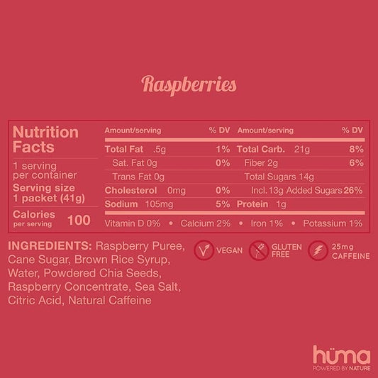 Huma Chia Energy Gel, Raspberries, 12 Gels, 1x Caffeine - Premier Sports Nutrition for Endurance Exercise