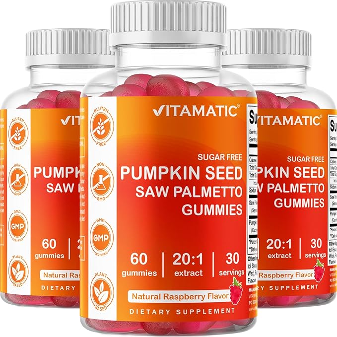 Vitamatic 2 Packs Sugar Free Pumpkin Seed Gummies - Made with Saw Palmetto - Natural Raspberry Flavor - 60 Count