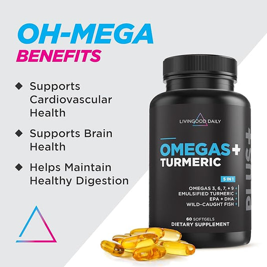 Livingood Daily Triple Omega 3 6 9 Supplement Plus Turmeric Curcumin, DHA & EPA, Fish Oil Supplements for Brain & Heart Health and Joint Support, Advanced Absorption, Gluten Free, Non GMO, 60 Softgels