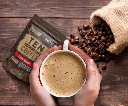 Instant Mushroom Coffee Dark Roast Organic (60 Servings) With 10 Mushrooms (Lions Mane, Cordyceps, Turkey Tail & Other) Mixed With Gourmet 100% Arabica Instant Coffee for Focus & Gut Health Support