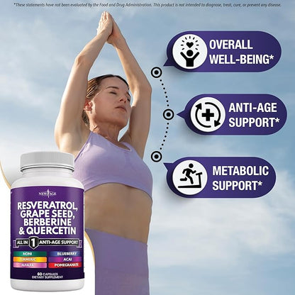 NEW AGE Resveratrol, Berberine, Grape Seed Extract, Quercetin, Polyphenol Supplement for Women and Men with Noni Extract, N-Acetyl Cysteine, Acai Extract - 120 Capsules