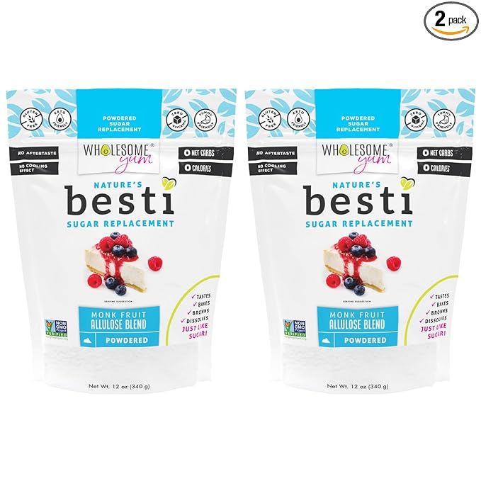 Wholesome Yum Besti Natural Powdered Sugar Substitute - Keto Confectioners Monk Fruit Sweetener Blend With Allulose (No Erythritol) - Non GMO, Zero Carb, Zero Calorie, No Aftertaste (12 oz, 2 Pack)