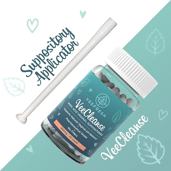VeeFresh - VeeCleanse Boric Acid Vaginal Suppositories + Suppository Applicator - Vaginal pH Balance Suppositories - Vaginal Odor Control - Feel Fresh, Feminine and Confident