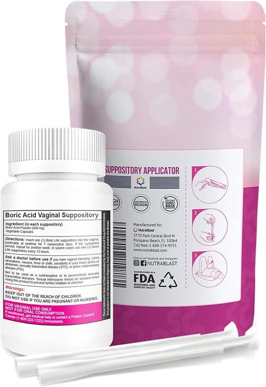 NutraBlast Boric Acid Vaginal Suppositories 600mg 30 Suppositories 15 Applicators