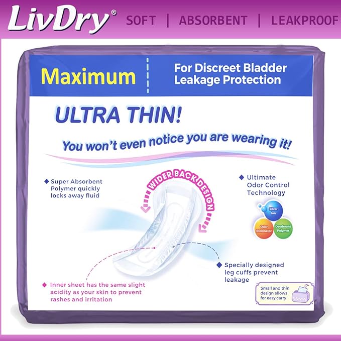 LivDry Incontinence Ultra Thin Pads for Women 18-Count)