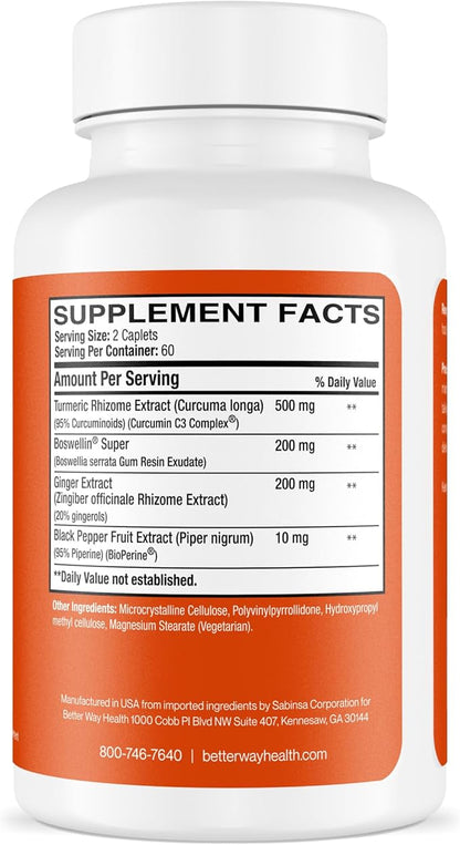 Better Way Health Curcumin Plus - Curcumin C3® Complex + Boswellin® Super + BioPerine® + Ginger - 120 Caplets