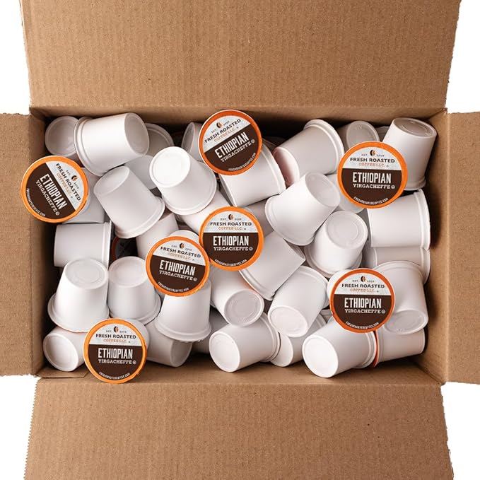Fresh Roasted Coffee, Ethiopian Yirgacheffe Kochere, Medium Roast, 96 Pods for K Cup Brewers