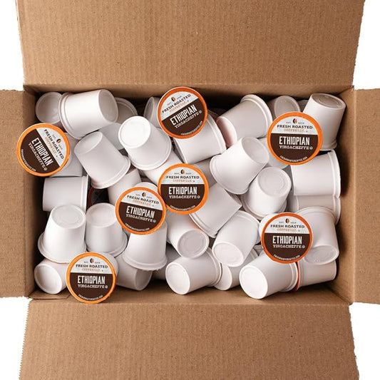 Fresh Roasted Coffee, Ethiopian Yirgacheffe Kochere, Medium Roast, 96 Pods for K Cup Brewers