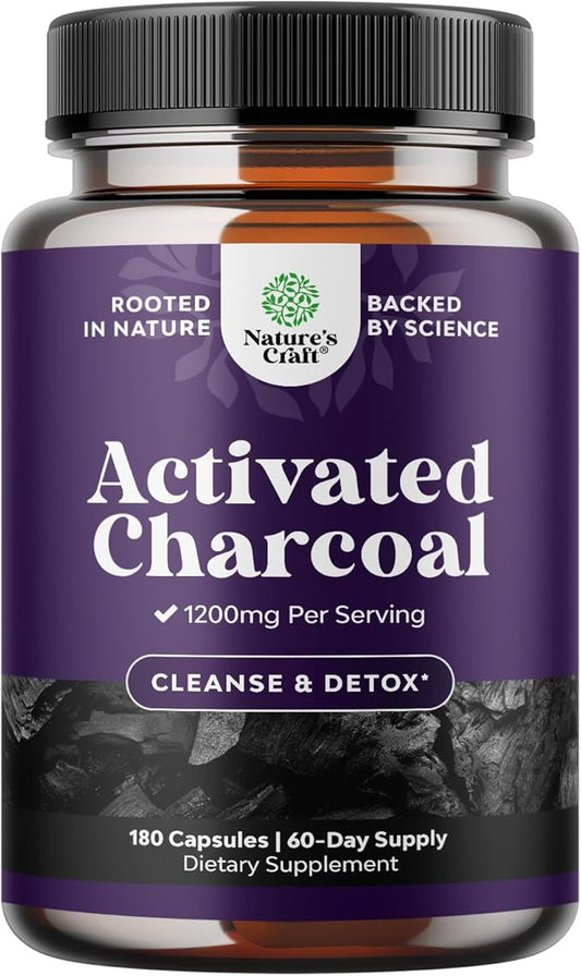 Cleanse and Detox Activated Charcoal Capsules - Purifying Detox Pills with 1200mg Per Serving for Bloating Relief and Body Cleanse - Coconut Charcoal Powder for Gut Health-180ct