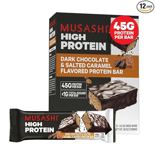 MUSASHI High Protein Bar, 45g Protein, <1g Total Sugars, Dark Chocolate & Salted Caramel, Post Workout and Protein Snack On The Go, 12 Pack of 3.2oz (90g) Bars