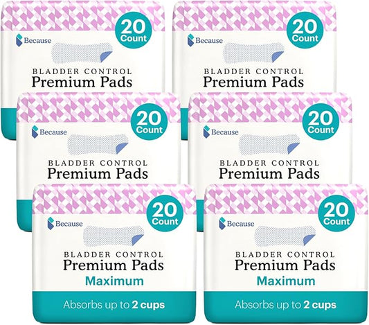 Because Incontinence Pads for Women 100% Leak-Free 6 Packs 20 Count (120 Total)