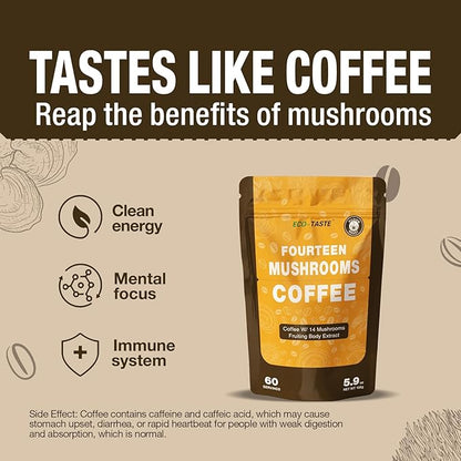 ECO-TASTE Mushrooms Coffee 14 in 1-60 Servings, Arabica Coffee with Lion's Mane, Reishi, Maitake, Turkey Tail, Chaga Fruiting Body Extract, 30% Beta-Glucan for Focus & Gut Health Support, 5.9oz