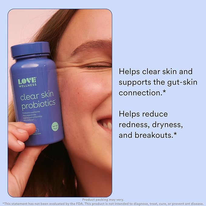 Love Wellness Clear Skin Probiotic | Clear Up Hormonal Acne Pimples, Redness & Pore Minimizer | Skin Care with Zinc, Bifidobacterium Longum & Chaste Tree Fruit Extract | Acne Treatment | 30 Count