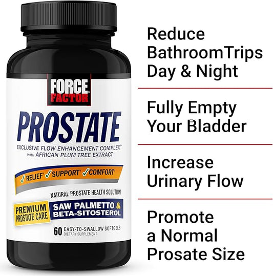Force Factor Prostate Saw Palmetto and Beta Sitosterol Supplement for Men, Prostate Health/Size Support, Urinary Relief, Bladder Control, Reduce Nighttime Urination, 60 Softgels