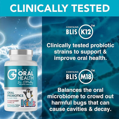 Childrens Oral Probiotics – Oral Care Probiotic for Kids Cavity Prevention & Bad Breath Treatment Supplement w/BLIS K12 M18 Mouth & Gum Health Dentist Formulated 30 Lozenge Strawberry –eBook Included