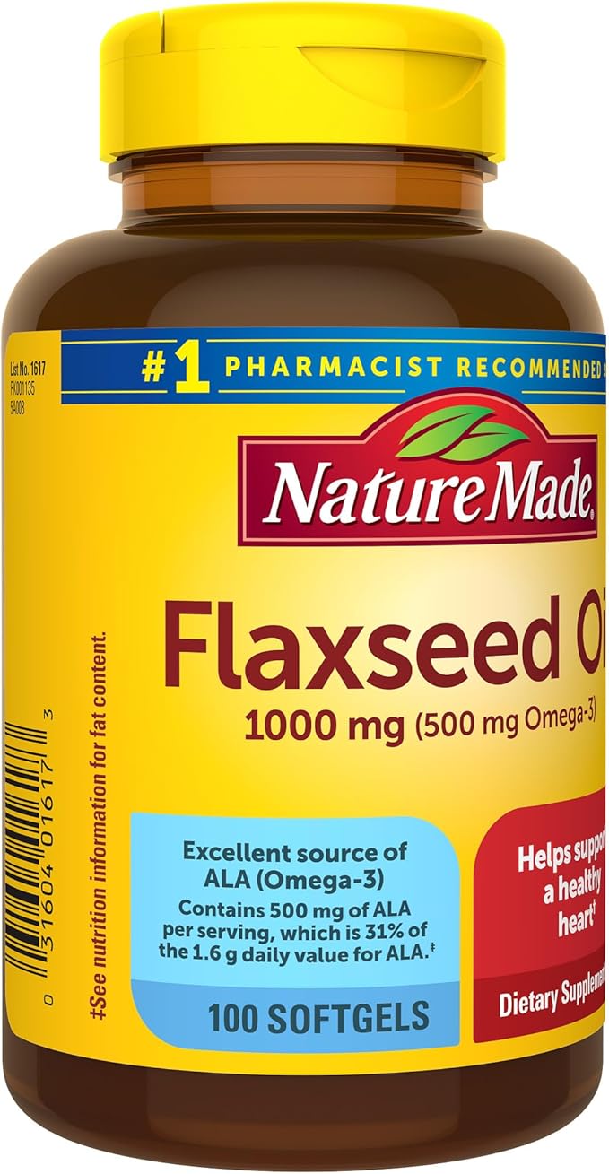 Nature Made Flaxseed Oil 1000 mg, 3 Supplement, 100 Softgels, 100 Day