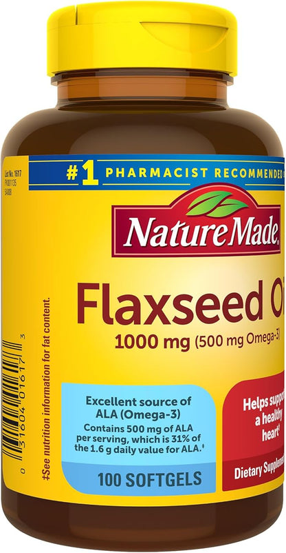 Nature Made Flaxseed Oil 1000 mg, 3 Supplement, 100 Softgels, 100 Day
