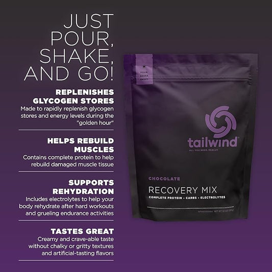 Tailwind Nutrition Recovery Mix, Complete Protein, Carbohydrates, and Electrolytes Powder Drink Mix for Post-Workout, Free of Gluten, Soy, and Dairy, Vegan, 15 Servings, Chocolate