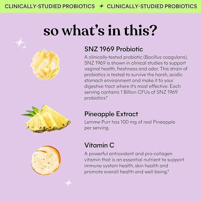 Lemme Purr Vaginal Probiotic Gummies for Women - Balanced pH, Healthy Odor, Yeast Balance & Flora Support + Vitamin C for Immune Health - Tasty Pineapple (60 Count) (Pack of 2)