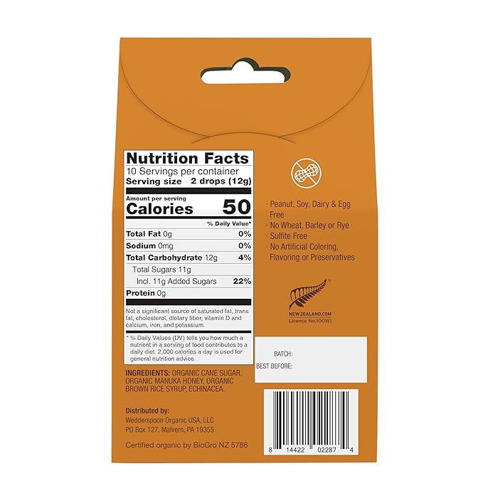 Wedderspoon Organic Manuka Honey Drops, Honey 20 Count 1) |