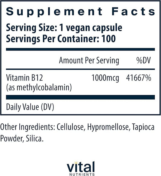 Vital Nutrients Vitamin B12 1000mcg | Vegan Methylated B12 | Methylcobalamin for Metabolism, Cognitive, & Nervous System Health* | High-Potency B12 Supplement | Gluten, Dairy, Soy Free | 100 Capsules