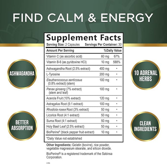 Adrenal Support Supplements & Cortisol Manager 10 Herbs 60 Capsules