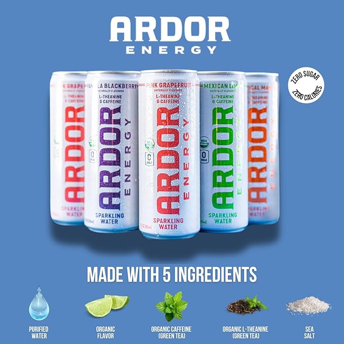 ARDOR ENERGY Sparkling Water White Peach 12 pack with 100mg Organic Caffeine from Green Tea & 200mg Organic L-Theanine (Focus & Calm). No Sugar. No Calories. Vegan. Gluten Free.