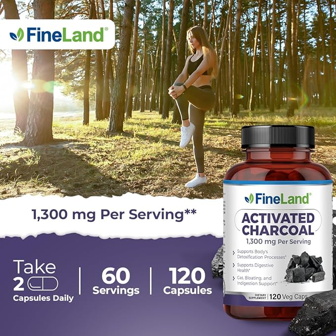 FineLand Activated Charcoal, 1,300 mg Detox Cleanse Support Capsules, Alleviate Gas & Bloating, Supports Arteries, Blood Circulation Colesterol Support, 120 Vegan Pills