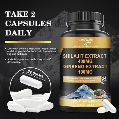 Shilajit 400mg with Ginseng, Maximum Potency 120 Count