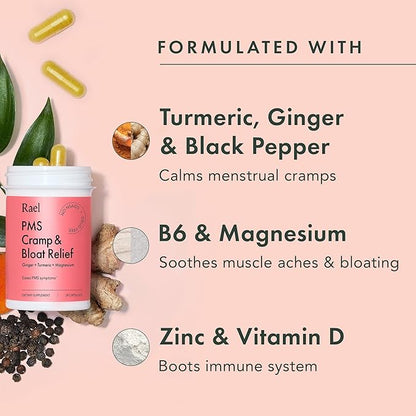 Rael PMS Supplement, Hormone Balance for Women, Relief from Menstrual Cramps, Period Bloating, Mood Swings Treatment with Turmeric, Ginger, Magnesium, No NSAIDs, Vegan (28 Capsules)
