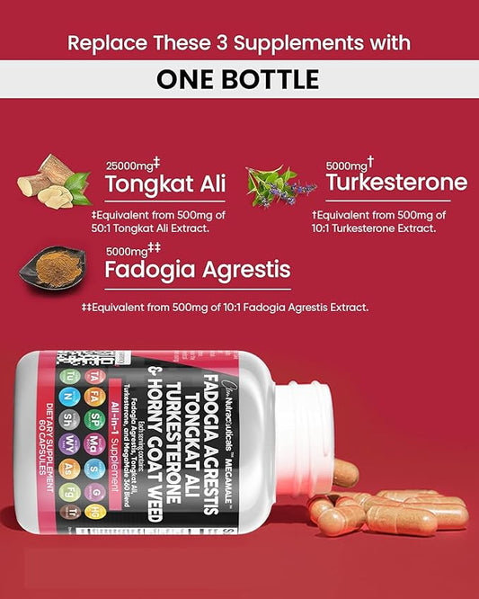 Fadogia Agrestis 5000mg Tongkat Ali 25000mg 5000mg Supplement 60 Count