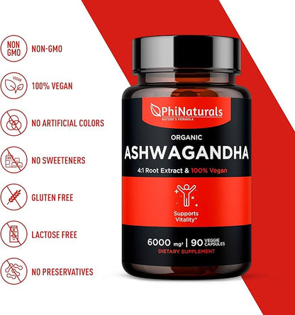 Ashwagandha Root Extract Capsules (Organic) Equivalent 6000 mg 1500 mg 500 mg 90 Count