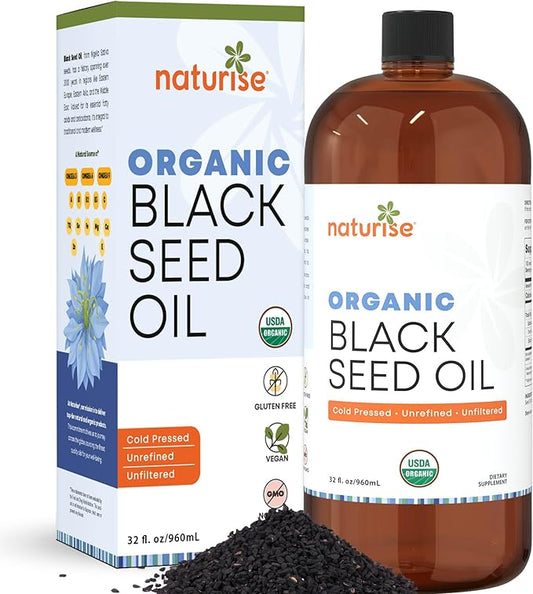 Organic Black Seed Oil - Organic Cold Pressed Black Cumin Seed Oil - Vegan Non-GMO Gluten Free Black Seed Oil Liquid (Nigella Sativa) Blackseed Oil for Hair & Skin, General Wellness (32 Fl Oz.)