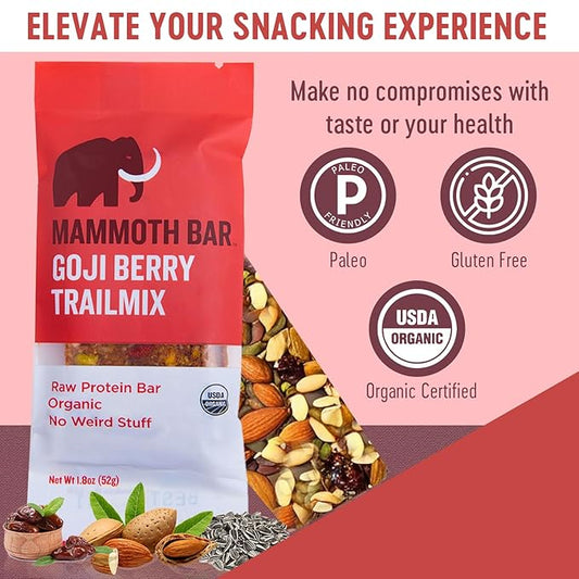 Mammoth Bar Goji Berry Trail Mix - Organic Snack Bar Packed with 12g Protein. Made with Premium Goji Berries, Almonds, Pistachios, Sunflower Seeds, Dates & Egg White Protein. Paleo • Gluten Free • Raw