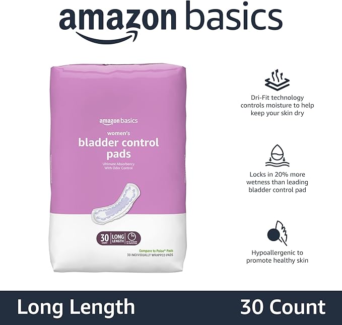 Amazon Basics Women's Incontinence Pads, Bladder 30 Count, (1 Pack 30)