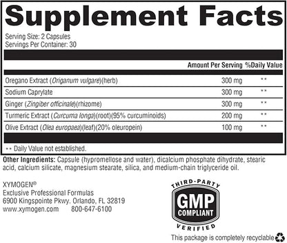 XYMOGEN Candicidal - Natural Support for Healthy Microbial Balance and GI Health - Oregano Extract, Sodium Caprylate, Ginger + Turmeric Extract, Olive Leaf Extract (60 Capsules)