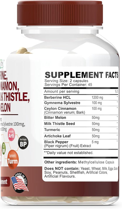 ClarinBeauty Premium Berberine 1200mg Ceylon Cinnamon 100mg Tumeric 50mg Milk 50mg Bitter 50mg Artichoke 50mg with 90 Capsules