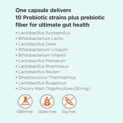 Omax Prebiotic & Probiotic 50 Billion CFU + Chicory Inulin, 10 Strains, Reduce Bloating, Digestion, SIBO, Leaky Gut, Vaginal pH, Acidophilus, Vegan, Dairy Free, Gluten Free, Blister Packaged