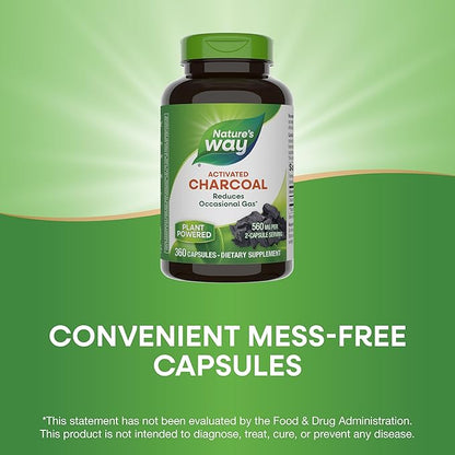 Nature's Way Activated Charcoal, Binds Unwanted Materials and Gas in the Digestive Tract*, 560 mg per 2-Capsule Serving, 360 Capsules (Packaging May Vary)