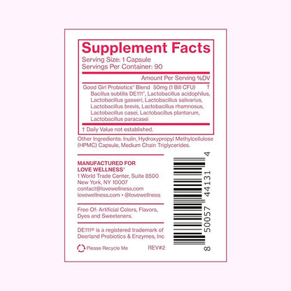Love Wellness Good Girl Probiotics | Women's Vaginal Health Supplement | Vaginal Probiotics for Women pH Balance & Urinary Tract Health | Support Vaginal Odor & Flora | 90 Count