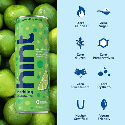Hint Sparkling Water, Lime - Canned Flavored Water Beverages with Electrolytes, Zero Calories, and Sugar Free - 12 Fl Oz Cans (Pack of 12)