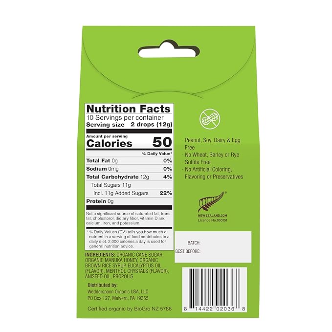 Wedderspoon Organic Manuka Honey Drops, Eucalyptus 20 Count (4oz) (Pack 1)| Genuine