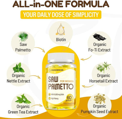 Saw Palmetto for Women - DHT Blocker Hair Growth Supplement - 500mg Potent Saw Palmetto Gummies for Hair, Skin, Nails, Urinary Wellness - Mango-Pineapple Flavor - 60 Gummies