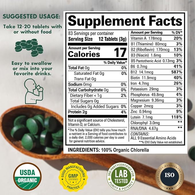 Chlorella Tablets Mega-Pack 1000 Tablets Cracked Cell, Raw, Non-GMO. 100% Pure Chlorella Pyrensoidosa. Green Superfood. High Protein, Chlorophyll & Nucleic acids. No preservatives or fillers - 3-Pack