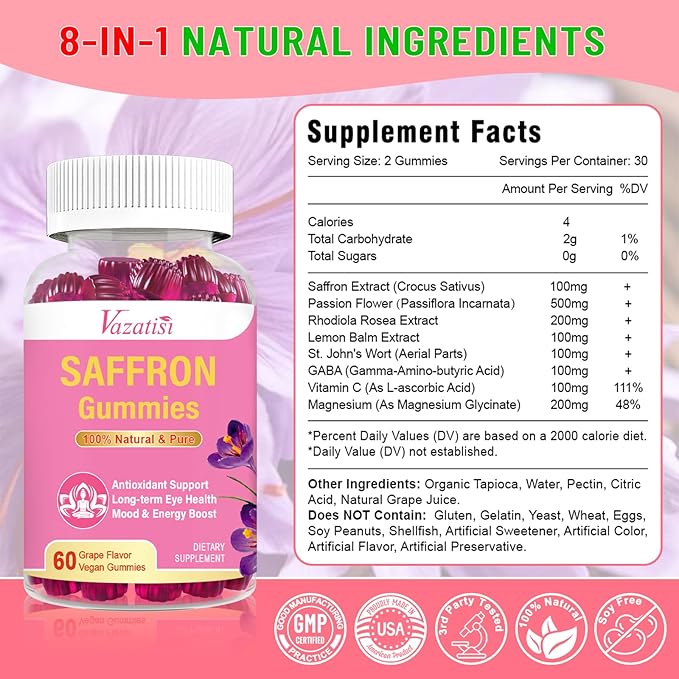 Natural Saffron Gummies 100 mg, 60 Gummies, 30 Day
