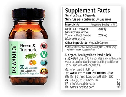 DR WAKDE'S Neem & Turmeric Capsules 60 Veg 100% Herbal