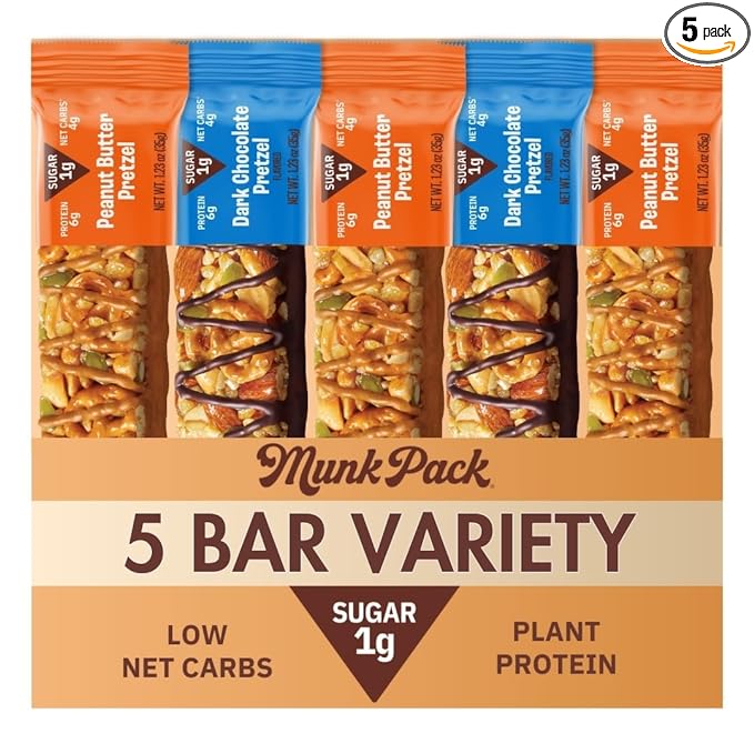 Munk Pack Nut & Seed Bar Pretzel Variety Pack - 1g Sugar, Low Carb & Keto, 6g Protein - Gluten Free, Plant Based, Zero Added Sugar - Sweet & Salty Breakfast & Snack Bars, 2 Flavors | 6 Bars