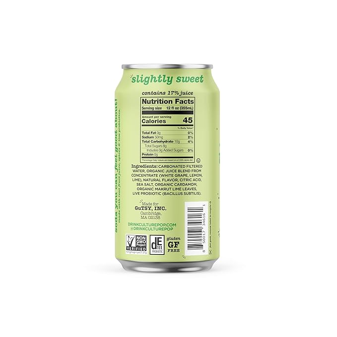 Culture Pop Soda, Lemon Lime, Probiotic Low Sugar Soda, Sparkling Juice Alternative, Non-GMO, Kosher, Gluten-Free, No Stevia (12pk)