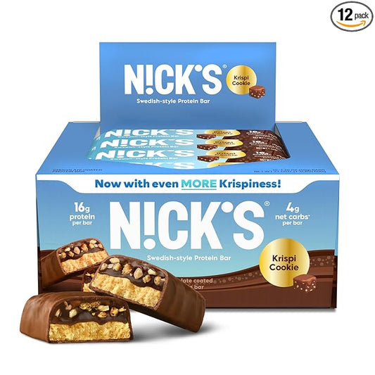 Nick's Protein Bars Crispy Nougat | 16g protein | 210 calories | Low Carb Keto Friendly Snacks No Added Sugar (Multipack 12 bars x 50g)